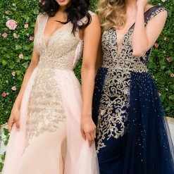 In Stock Jovani JVN 41677 Size 0 Navy/Gold Prom Dress Embellished V Neckline Over Skirt Evening Gown