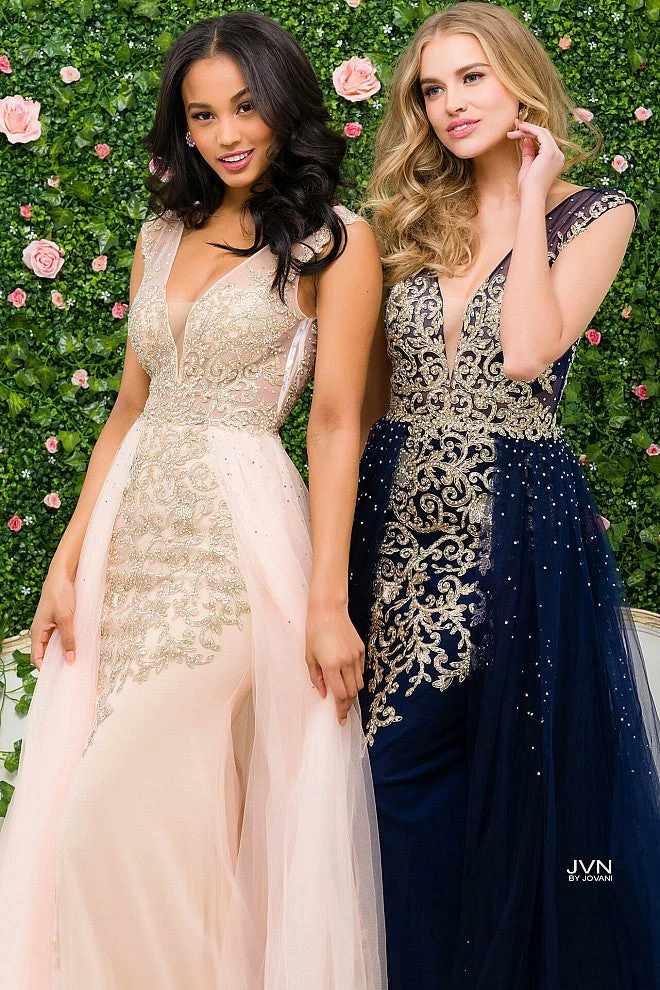 In Stock Jovani JVN 41677 Size 0 Navy/Gold Prom Dress Embellished V Neckline Over Skirt Evening Gown 3 In Stock Jovani JVN 41677 Size 0 Navy/Gold Prom Dress Embellished V Neckline Over Skirt Evening Gown