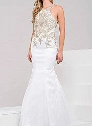 In Stock Mermaid Dresses Jovani JVN 41685 Size 8 Navy Iridescent Prom Dress High Neck Lace Mermaid Gown