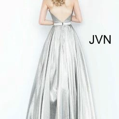 Discontinued Jovani JVN4187 Low V Neckline Crystal Belt Silver Metallic A Line Prom Dress Ballgown Dresses
