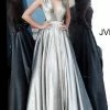 Discontinued Jovani JVN4187 Low V Neckline Crystal Belt Silver Metallic A Line Prom Dress Ballgown Dresses