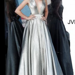 Discontinued Jovani JVN4187 Low V Neckline Crystal Belt Silver Metallic A Line Prom Dress Ballgown Dresses