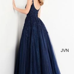 JVN By Jovani Jovani JVN4271 Long Floral Lace Embroidered Prom Dress Ball Gown Plunging Neckline Ballgown Dresses