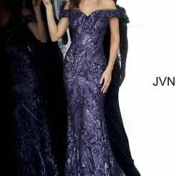 In Stock Jovani JVN4296 Size 14 Purple Off The Shoulder Prom Dress Sequin Evening Gown