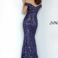 In Stock Jovani JVN4296 Size 14 Purple Off The Shoulder Prom Dress Sequin Evening Gown