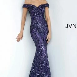 In Stock Jovani JVN4296 Size 14 Purple Off The Shoulder Prom Dress Sequin Evening Gown