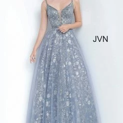 JVN By Jovani Jovani JVN4297 Glitter Embellished Plunging Neckline Prom Dress A Line Ballgown Ballgown Dresses