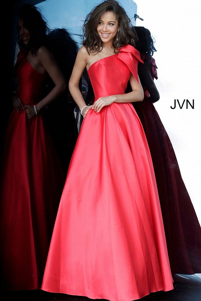 JVN By Jovani Jovani JVN4355 Long Pleated Ballgown One Shoulder Prom Dress Pockets Bow 5 JVN By Jovani Jovani JVN4355 Long Pleated Ballgown One Shoulder Prom Dress Pockets Bow