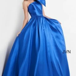 JVN By Jovani Jovani JVN4355 Long Pleated Ballgown One Shoulder Prom Dress Pockets Bow