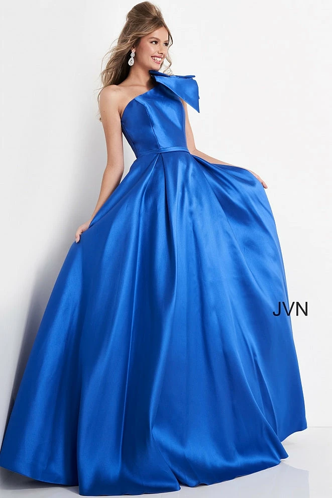 JVN By Jovani Jovani JVN4355 Long Pleated Ballgown One Shoulder Prom Dress Pockets Bow 3 JVN By Jovani Jovani JVN4355 Long Pleated Ballgown One Shoulder Prom Dress Pockets Bow