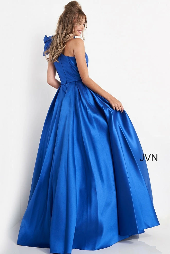JVN By Jovani Jovani JVN4355 Long Pleated Ballgown One Shoulder Prom Dress Pockets Bow 4 JVN By Jovani Jovani JVN4355 Long Pleated Ballgown One Shoulder Prom Dress Pockets Bow