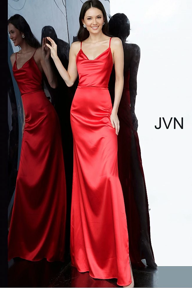 JVN By Jovani Jovani JVN4390 Cowl Neckline Side Slit Satin Sheath Prom Dress Evening Gown 8 JVN By Jovani Jovani JVN4390 Cowl Neckline Side Slit Satin Sheath Prom Dress Evening Gown