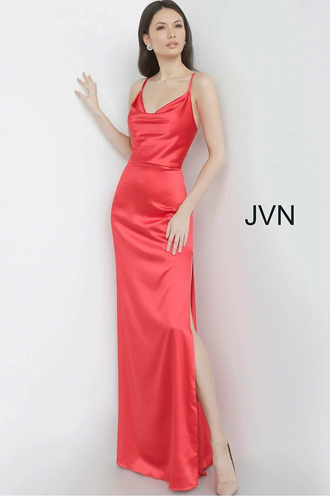 JVN By Jovani Jovani JVN4390 Cowl Neckline Side Slit Satin Sheath Prom Dress Evening Gown 5 JVN By Jovani Jovani JVN4390 Cowl Neckline Side Slit Satin Sheath Prom Dress Evening Gown
