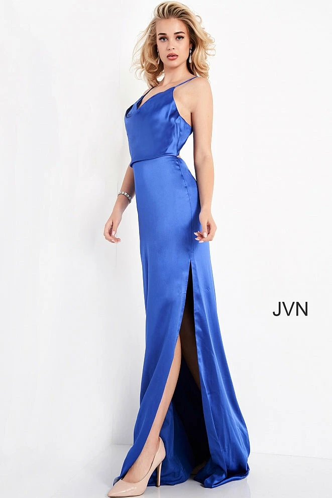JVN By Jovani Jovani JVN4390 Cowl Neckline Side Slit Satin Sheath Prom Dress Evening Gown 3 JVN By Jovani Jovani JVN4390 Cowl Neckline Side Slit Satin Sheath Prom Dress Evening Gown