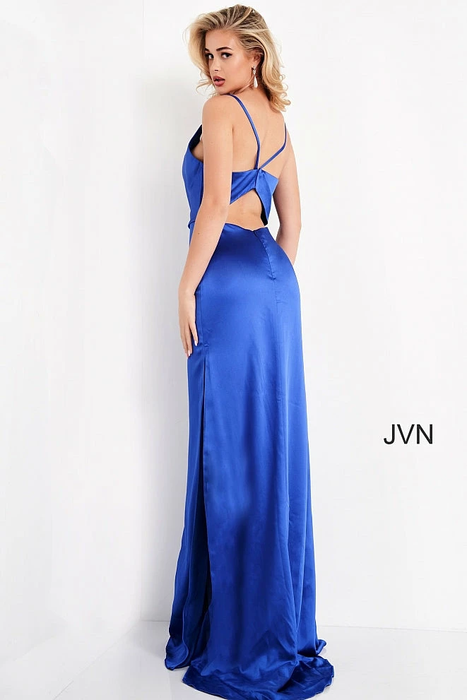 JVN By Jovani Jovani JVN4390 Cowl Neckline Side Slit Satin Sheath Prom Dress Evening Gown 4 JVN By Jovani Jovani JVN4390 Cowl Neckline Side Slit Satin Sheath Prom Dress Evening Gown