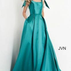 JVN By Jovani Jovani JVN4449 Long Sleeveless A Line Prom Dress With Bows On The Shoulders Pageant Gown Ballgown Dresses