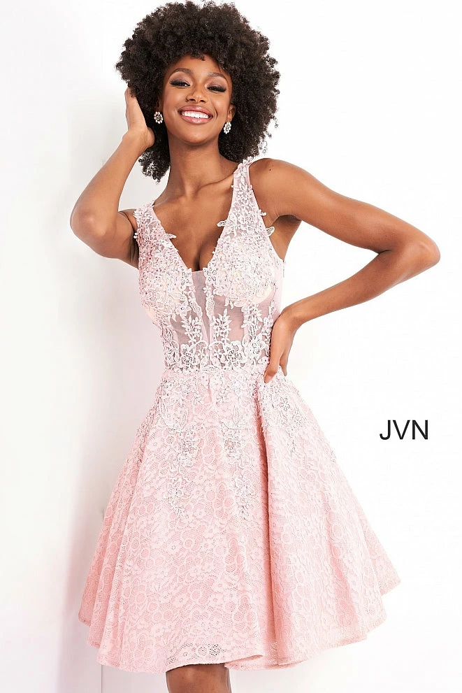 JVN By Jovani Jovani JVN45264 Sheer Embroidered Lace Fit And Flare Short Homecoming Cocktail Dress 3 JVN By Jovani Jovani JVN45264 Sheer Embroidered Lace Fit And Flare Short Homecoming Cocktail Dress