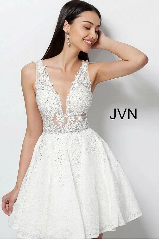 JVN By Jovani Jovani JVN45264 Sheer Embroidered Lace Fit And Flare Short Homecoming Cocktail Dress 5 JVN By Jovani Jovani JVN45264 Sheer Embroidered Lace Fit And Flare Short Homecoming Cocktail Dress