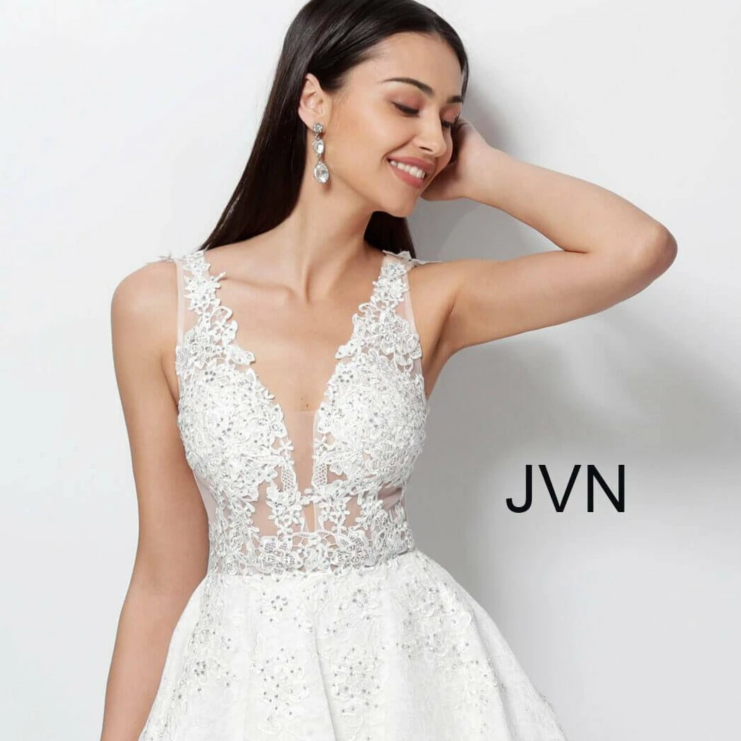 JVN By Jovani Jovani JVN45264 Sheer Embroidered Lace Fit And Flare Short Homecoming Cocktail Dress 8 JVN By Jovani Jovani JVN45264 Sheer Embroidered Lace Fit And Flare Short Homecoming Cocktail Dress