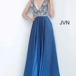Discontinued Jovani JVN4608 Blue Ombre Shimmer Maxi Prom Dress Iridescent Gown V Neck