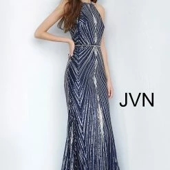 Sequin Dresses JVN By Jovani 4710 High Neckline Open Back Sequin Evening Gown Dress