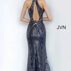 Sequin Dresses JVN By Jovani 4710 High Neckline Open Back Sequin Evening Gown Dress