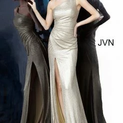 In Stock Jovani JVN4734 Size 0 Gold Shimmer Metallic Prom Dress One Shoulder Fitted Slit