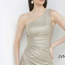 In Stock Jovani JVN4734 Size 0 Gold Shimmer Metallic Prom Dress One Shoulder Fitted Slit