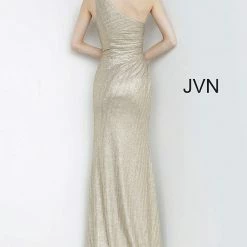 In Stock Jovani JVN4734 Size 0 Gold Shimmer Metallic Prom Dress One Shoulder Fitted Slit