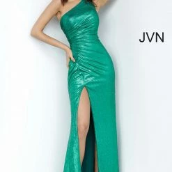 In Stock Jovani JVN4734 Size 0 Gold Shimmer Metallic Prom Dress One Shoulder Fitted Slit