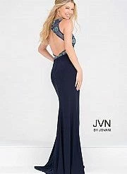 In Stock Jovani JVN47907 Size 4 Navy Prom Dress Pageant Gown Two Piece Slit High Neck Beaded
