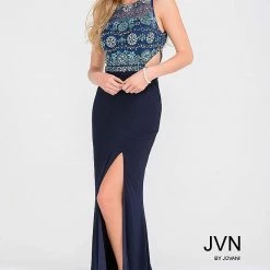 In Stock Jovani JVN47907 Size 4 Navy Prom Dress Pageant Gown Two Piece Slit High Neck Beaded