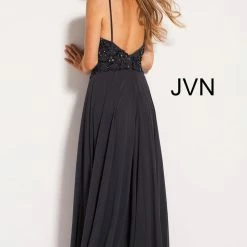 In Stock Jovani JVN 50069 Keyhole Beaded Bodice Flowy Prom Dress Size 4 Charcoal
