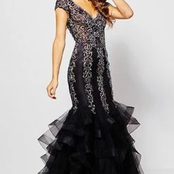 In Stock Mermaid Dresses Jovani JVN 55878 Black Size 2 Cap Sleeve Mermaid Prom Dress Embellished Evening Gown