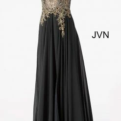 Discontinued Jovani JVN55885 Embellished V Neckline Prom Dress Spaghetti Straps Flowy Formal Ballgown Dresses