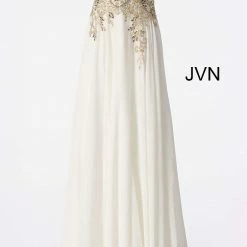 Discontinued Jovani JVN55885 Embellished V Neckline Prom Dress Spaghetti Straps Flowy Formal Ballgown Dresses