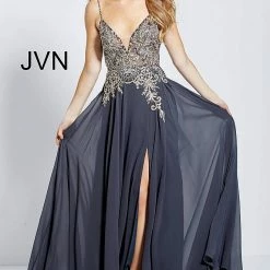 In Stock Backless Dresses Jovani JVN55885 Charcoal Size 00 High Slit Flowy Prom Dress Pageant Gown