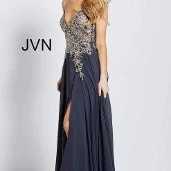 Discontinued Jovani JVN55885 Embellished V Neckline Prom Dress Spaghetti Straps Flowy Formal Ballgown Dresses