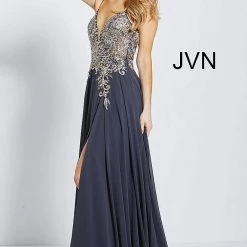 Discontinued Jovani JVN55885 Embellished V Neckline Prom Dress Spaghetti Straps Flowy Formal Ballgown Dresses