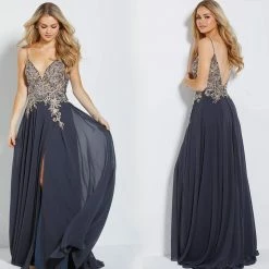 Discontinued Jovani JVN55885 Embellished V Neckline Prom Dress Spaghetti Straps Flowy Formal Ballgown Dresses