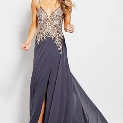 In Stock Backless Dresses Jovani JVN55885 Charcoal Size 00 High Slit Flowy Prom Dress Pageant Gown
