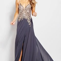 Discontinued Jovani JVN55885 Embellished V Neckline Prom Dress Spaghetti Straps Flowy Formal Ballgown Dresses