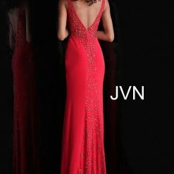 In Stock JVN By Jovani 58124 Red Size 2 Prom Dress Pageant Gown Waterfall Back Stretch Train