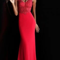 In Stock JVN By Jovani 58124 Red Size 2 Prom Dress Pageant Gown Waterfall Back Stretch Train