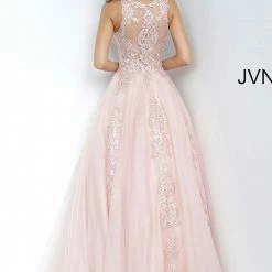 In Stock Ballgown Dresses Jovani JVN59046 Fuchsia Prom Dress Size 12 Sheer Tulle Lace High Neck Ballgown Formal Gown