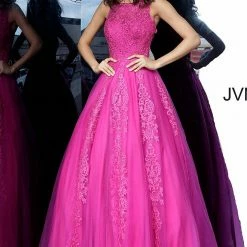 JVN By Jovani Jovani JVN59046 Sheer Tulle Lace High Neck Ballgown Prom Dress Formal Gown Ballgown Dresses