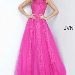 In Stock Ballgown Dresses Jovani JVN59046 Fuchsia Prom Dress Size 12 Sheer Tulle Lace High Neck Ballgown Formal Gown
