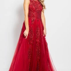In Stock Ballgown Dresses Jovani JVN59046 Fuchsia Prom Dress Size 12 Sheer Tulle Lace High Neck Ballgown Formal Gown