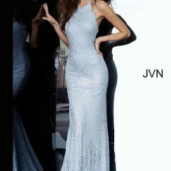 Discontinued JVN By Jovani 60137 Embellished Glitter Jersey High Neckline Prom Dress Shimmer