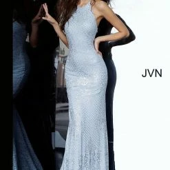 Discontinued JVN By Jovani 60137 Embellished Glitter Jersey High Neckline Prom Dress Shimmer